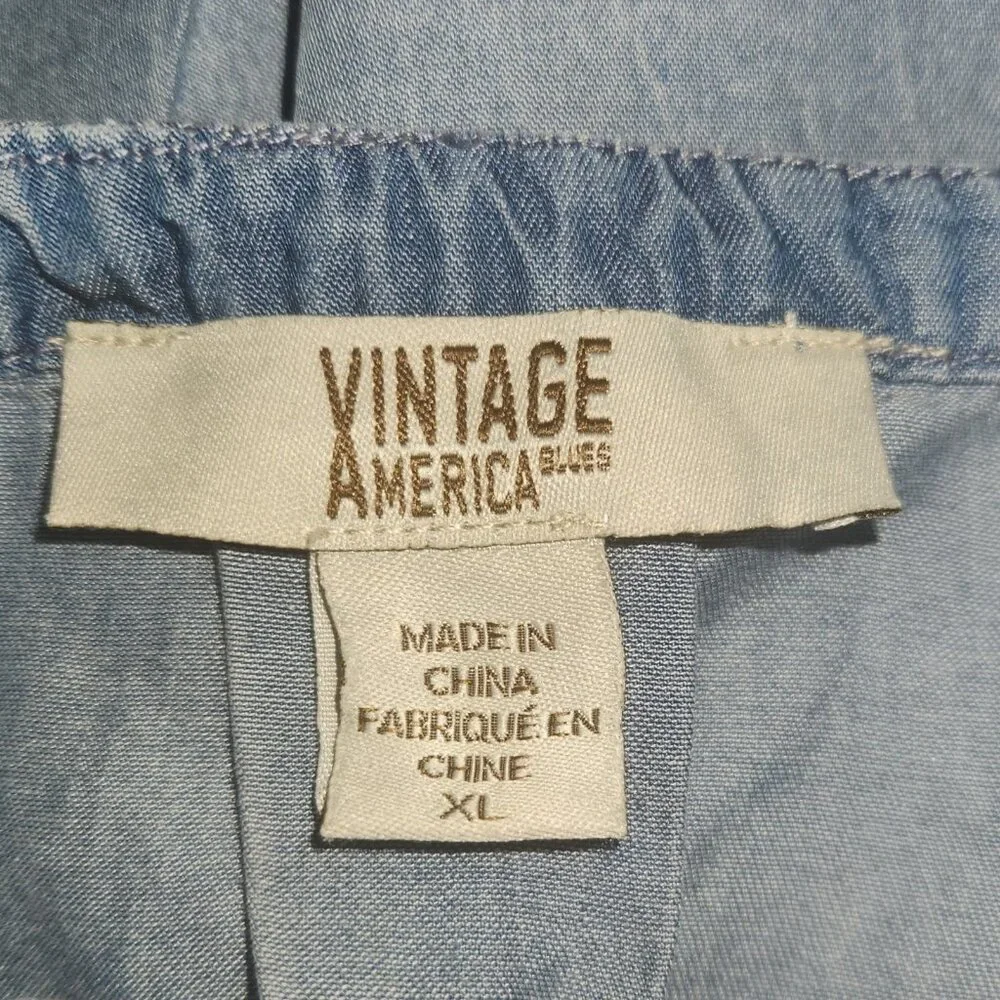Vintage America Chambray Top Women's XL Blue Embroidered Peasant Boho Western - Picture 6 of 8